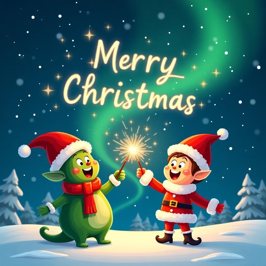 Green creature and festive red character. Characters are celebrating in a snowy landscape. Snowflakes are falling gently. Night sky displays northern lights. Elf joyfully writes 'Merry Christmas' with a sparkler. Bright and colorful holiday theme.