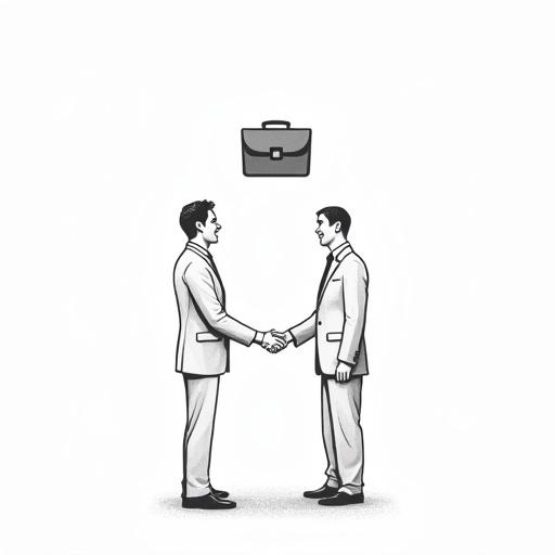 Monochrome vector art featuring two people shaking hands. A briefcase hovers above them. Line art style with clean lines. Minimalist aesthetic without clutter.