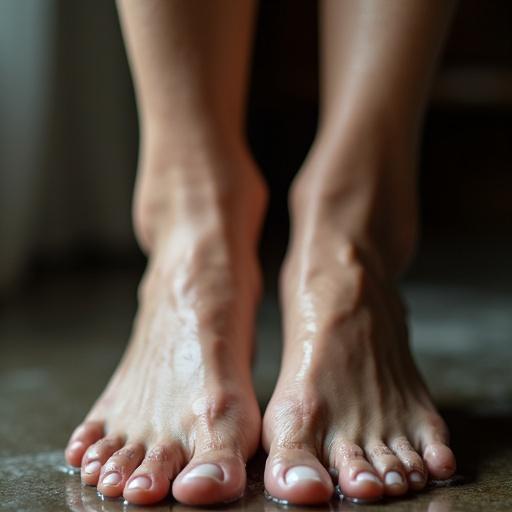 Image captures close-up view of a goth woman's feet. Smooth skin and well-shaped toes are highlighted. Natural light enhances the aesthetic. The background is softly blurred. Feet are soaked and evoke beauty and self-care feelings.