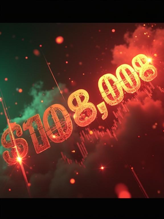 Dynamic market scene featuring Bitcoin price chart with upward arrow towards $100,000. Logos of Strategy and BlackRock. 'Supply Shock' cloud effect. Fiery red and green colors. Text '100K 💥'. Futuristic style.