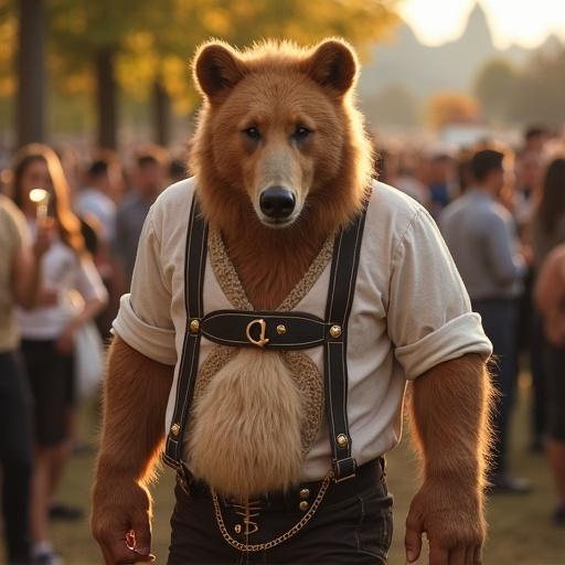 Create an image of a muscular bear with a belly, dark blonde hair, and a long full beard wearing lederhosen, at Oktoberfest.