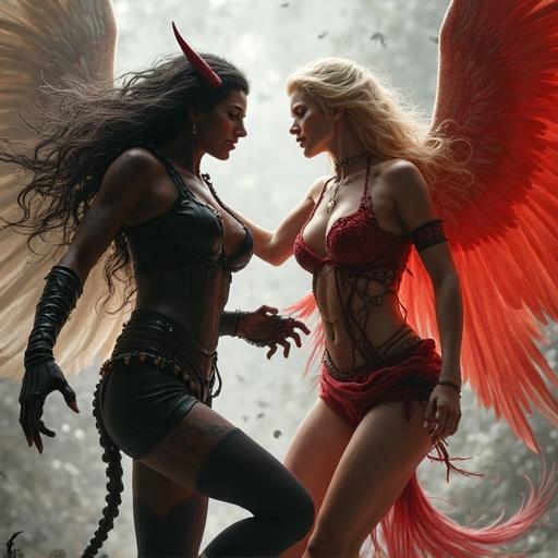A female demon possesses black and red skin. She has a tail and wears leather. A beautiful female angel stands beside her. The demon and angel reach out to each other. Powerful symbolism of contrast exists between their appearances.