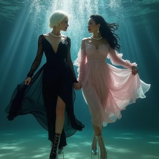 Hyperrealistic full-length underwater shot of two middle-aged women. One has short white hair and wears a black evening dress. The other has long dark hair and wears a pink lace dress. Both dresses flow and accentuate their shapes. Water bubbles rise around them. Dimly lit with shafts of light from above.