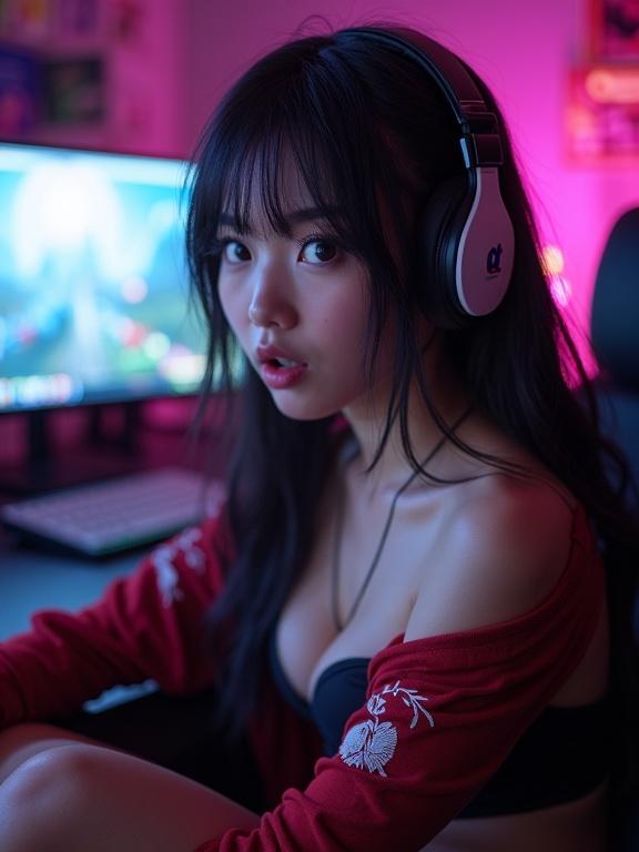 Webcam photo of an Asian Twitch streamer in cosplay. The streamer displays generous cleavage and a surprised playful expression. Surrounded by monitors, sitting on her knees on a gaming chair in a chaotic streamer room. The setting features dim light with RGB backlight and ultra-realistic detail.