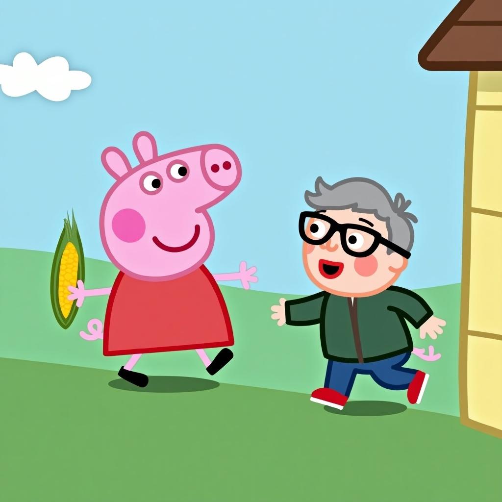 This lively illustration features two anthropomorphic cartoon pigs enjoying a playful moment outside. The pigs, one holding an ear of corn, are depicted with bright pink skin and friendly smiles as they skip merrily. The background showcases a simple, child-like depiction of a house and a leafless tree under a clear sky, suggesting a setting in a rural area or a backyard. The image conveys a sense of innocence, joy, and camaraderie.