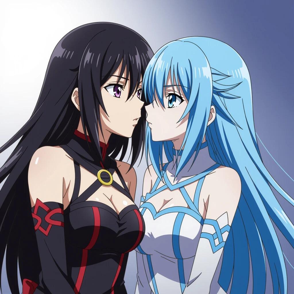 Anime scene depicting two characters Esdeath and Akame from Akame ga Kill. Esdeath wearing a black outfit. Akame is in a blue outfit. The characters are shown almost kissing in a close-up view. The background is softly lit to enhance the focus on them.