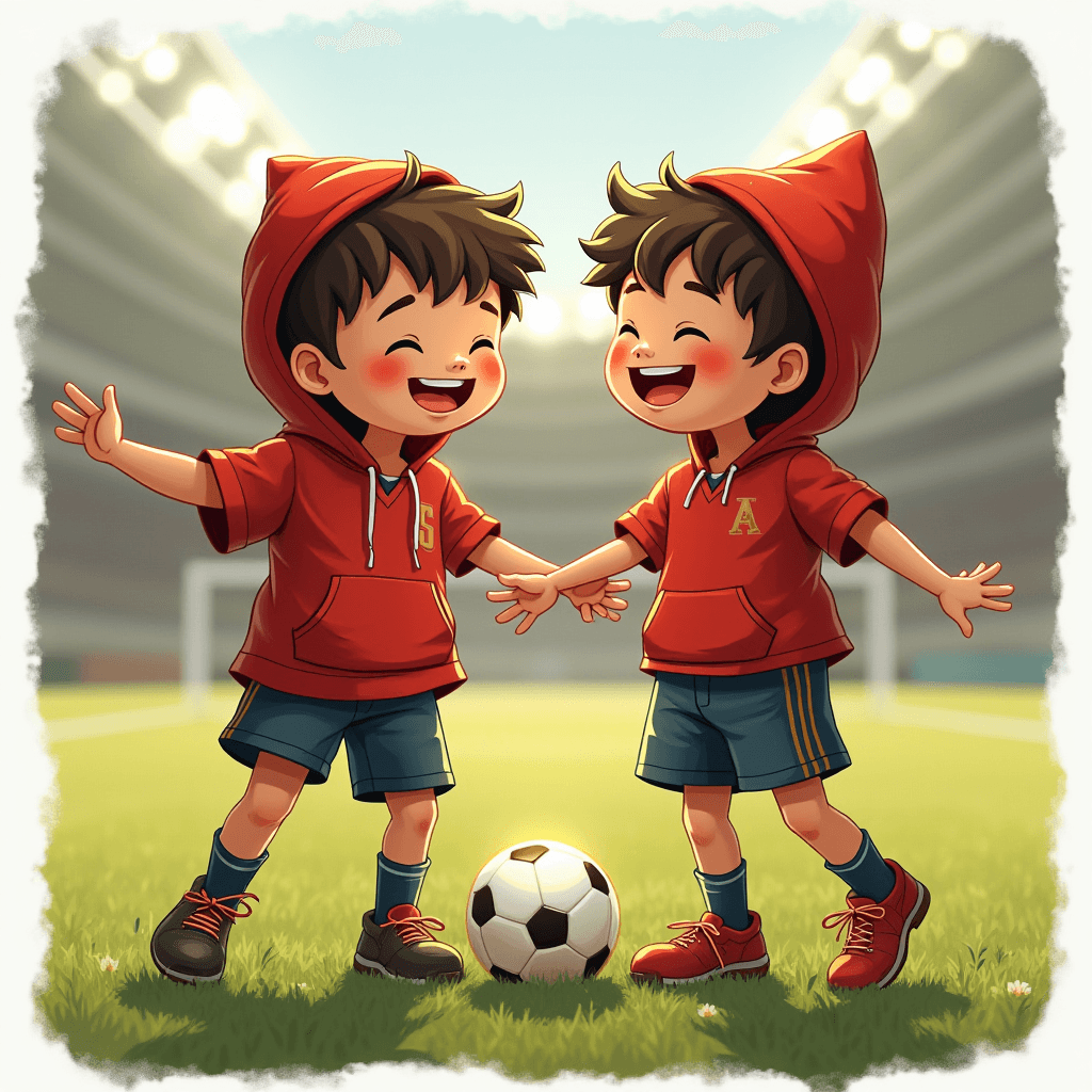 Two cartoon twin boys in red hoodies burst into laughter near a soccer ball on a stadium field.