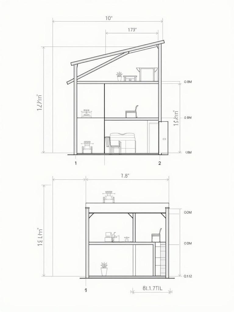 Design a one-story house section with specific construction details and dimensions. Include a clear section view. Label all components with their dimensions. Use hatching to show material differences.