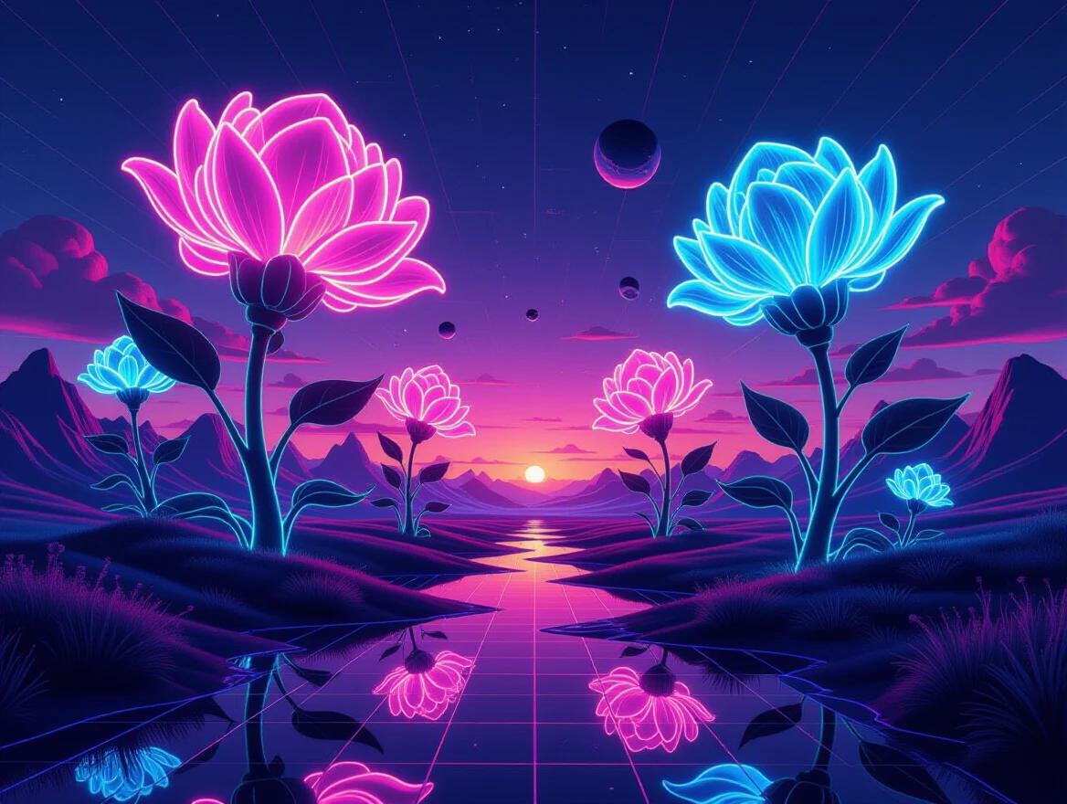 A surreal landscape features oversized glowing plants in neon hues. The plants twist through a dreamlike terrain under a twilight sky. The horizon has a retro-futuristic theme. Elements float, casting shadows on a mirrored ground. The scene pulsates with light.