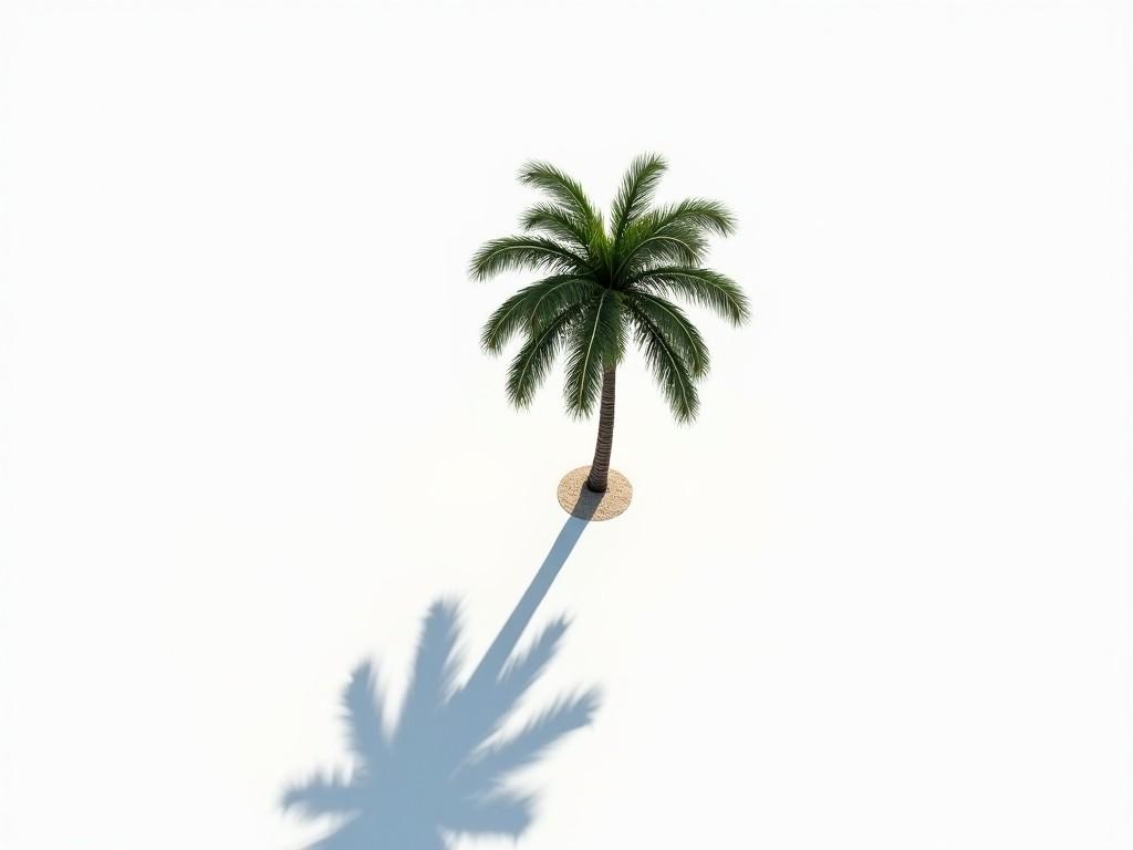 This image features a top-down view of a minimalist white background showcasing a single palm tree. The palm tree appears to be naturally curving, suggesting it might be growing on a beach. It is placed centrally in the image, creating a sense of balance. A bright light source above the tree casts a high-contrast shadow that extends downward. The shadow is long and well-defined, emphasizing the stark contrast it creates against the plain white backdrop without exceeding the image boundaries.