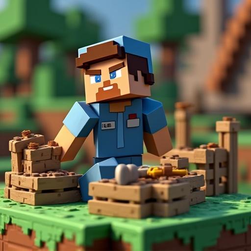 3D animated image of Minecraft with characters working at a table. Scene has a bright landscape and blocky elements.