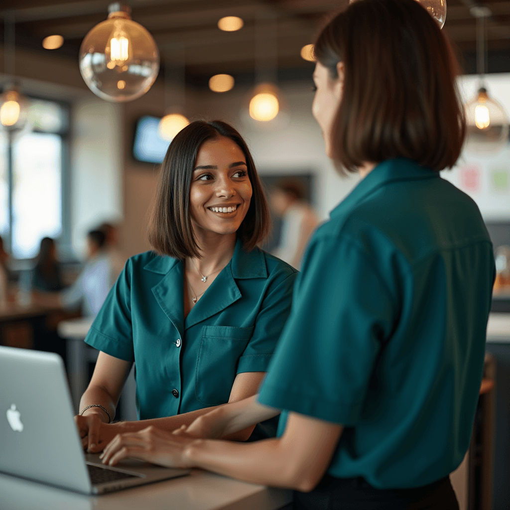 Two women in work uniforms happily collaborate at a café counter.