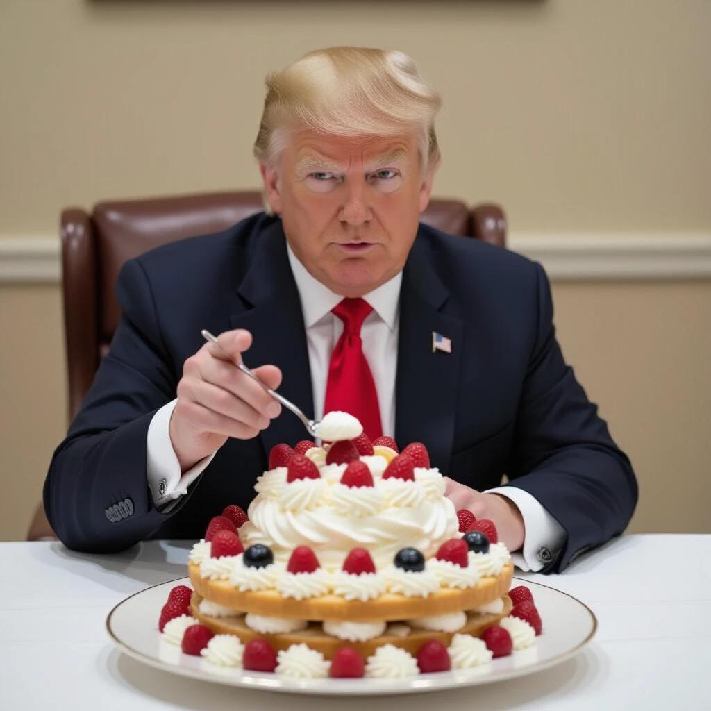 A politician enjoying a large dessert. A carefully crafted cake with whipped cream and berries is prominently displayed. The politician is preparing to take a bite with a spoon. The setting is formal with elegant decor. The politician is in a suit, maintaining a serious expression while interacting with the dessert.