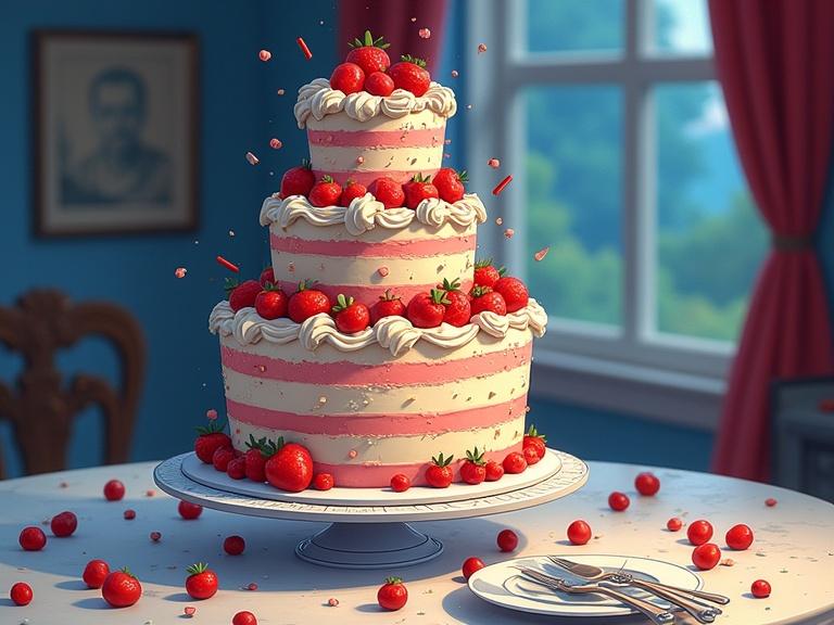 A whimsical, multi-layered cake design is presented. The cake has multiple tiers, covered in red and white frosting. Strawberries are placed on top and scattered around. The setting is a bright indoor area with a window.