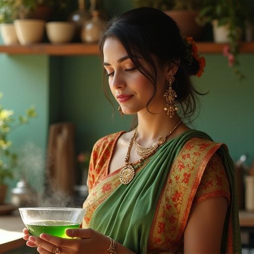 Indian lady in traditional attire smiling with green tea in a bowl in a kitchen setting