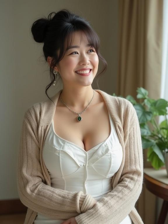 A beautiful 40-year-old Japanese woman is wearing a casual outfit. She has an updo hairstyle and is smiling warmly. The outfit features a fitted tank top with a deep neckline and an open beige cardigan. She is adorned with a wide necklace. The image highlights her full bust and provides a glimpse of her style. Natural light filters through the window creating a soft atmosphere. The setting includes some greenery in the background.