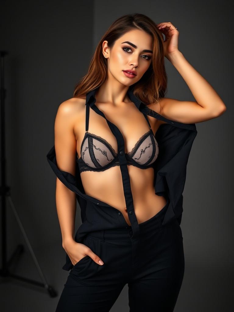 A female model poses confidently in a black ensemble, featuring a stylish open shirt revealing a lace bralette. She stands with one hand on her head and the other in her pocket. The background is a simple, dark studio setting, emphasizing her poised expression and elegant posture.