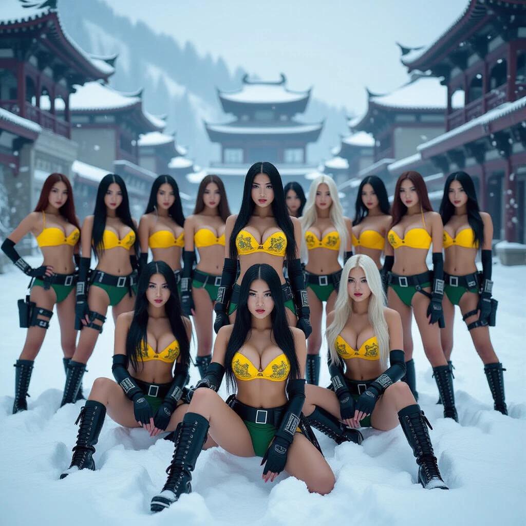 A large group stands amidst snow-covered landscape surrounded by magnificent ruined buildings. A cluster of beautiful women with fair skin in yellow bras and green panties with tactical accessories creates a striking contrast with the snow. Their appearance radiates dominance and bravery. Various hairstyles reflect elegance and strength ready to fight in a devastated street environment.