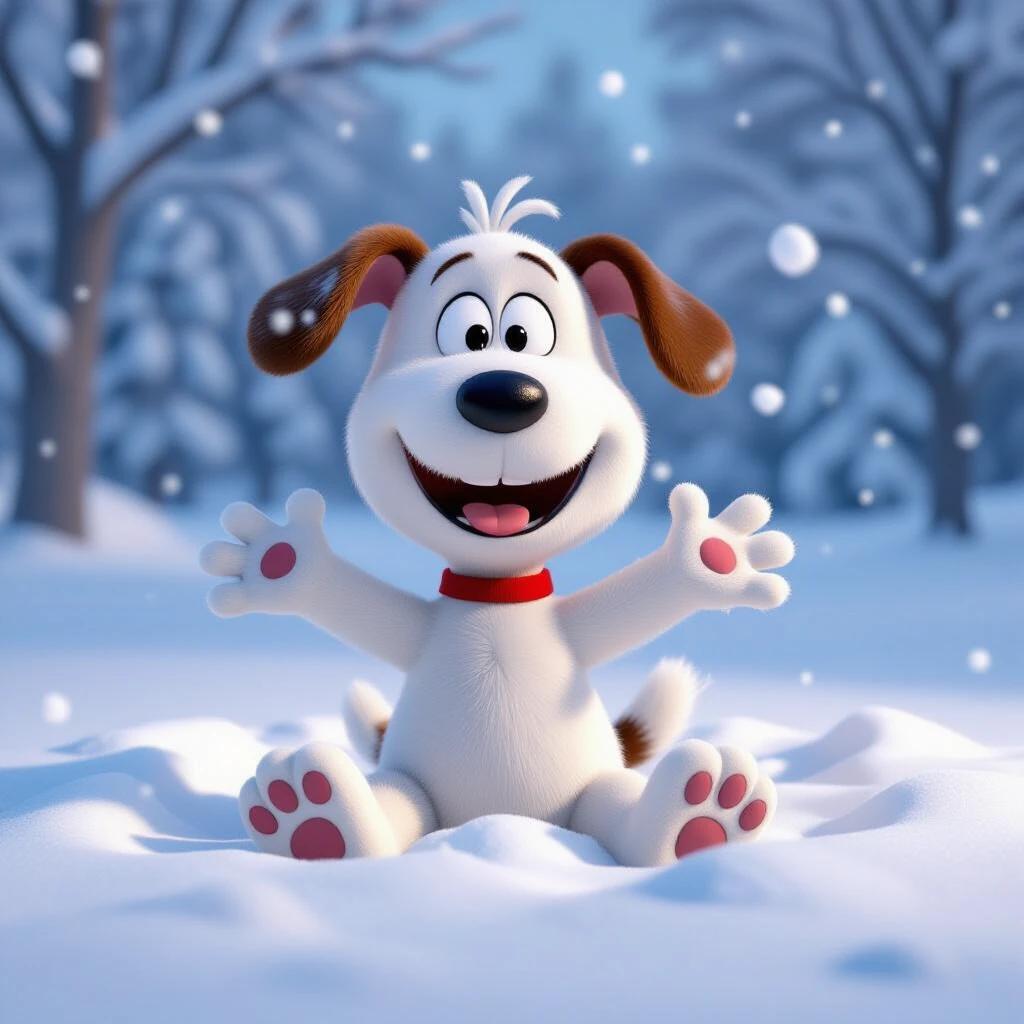 Illustration of a happy cartoon dog in winter. Dog lies in fluffy snow making a snow angel. Dog has floppy ears and arms spread wide. Snow falls around the dog. The scene portrays a joyful winter atmosphere.