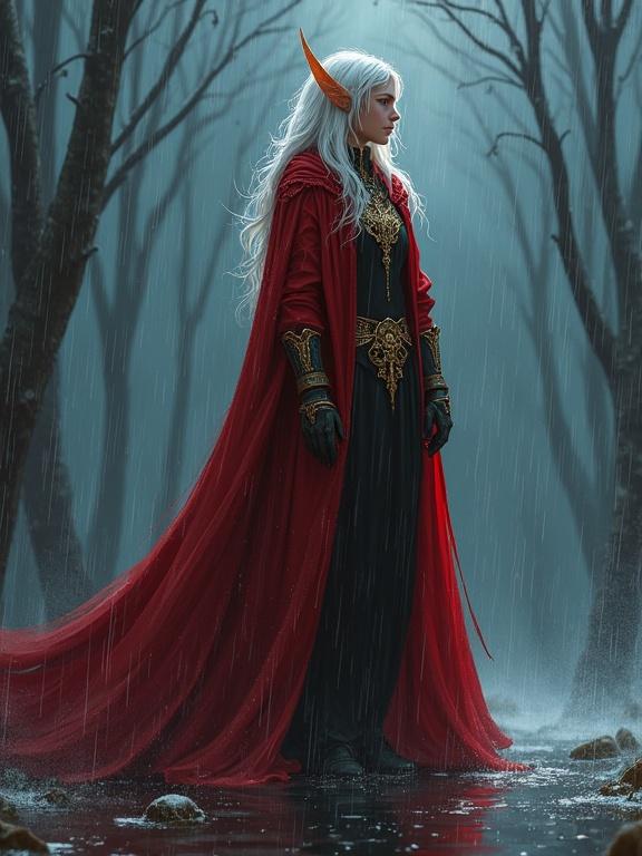 Digital illustration of a female blood elf paladin with long white hair in a dramatic rain scene. She wears a black gown with gold accents and a flowing red cape. The setting features dark trees and puddles, creating a fantasy atmosphere.