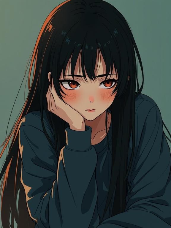 Generate an illustration of a girl named Koe in a moody painterly anime style. She has long black hair with reddish-brown highlights and uneven bangs. Skin is light with a soft blush. Eyes are almond-shaped and reddish-brown, expressing boredom or contemplation. She wears a loose dark sweatshirt. Background is solid-colored in desaturated green or blue. Lighting is soft with warm highlights. Pose is relaxed and introspective, head resting on hand with a neutral look.