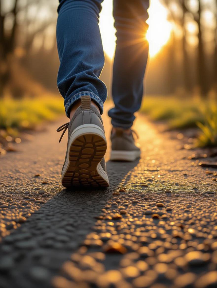 Close-up of a foot taking the first step on a path illuminated by morning light. The image features shallow depth of field and photorealistic details, conveying a sense of new beginnings and inspiration. The lighting is warm and natural, highlighting the moment.
