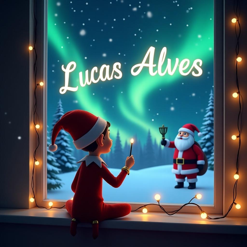 Animated scene of an elf on the shelf sitting on a windowsill writing the name 'Lucas Alves' in the night sky. Background includes Santa Claus in a snowy landscape. Cozy room decorated with Christmas lights. Snow falls outside.