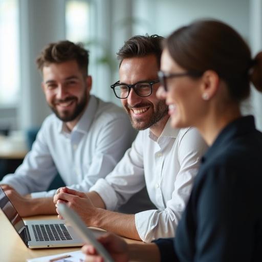 A group of business professionals engaged in a discussion. They are using Apple devices in an office setting. The atmosphere appears collaborative and professional. Individuals express positivity and enthusiasm during their meeting.