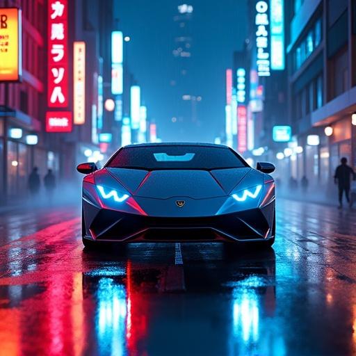 Futuristic Lamborghini glides through neon-lit streets of a cyberpunk city. Vibrant blue and red lights illuminate the wet pavement. Skyscrapers tower with holographic neon signs. Rain creates a reflective asphalt surface. The car emits a deep blue-red strobing light. A pulsating, vibrant atmosphere is captured.