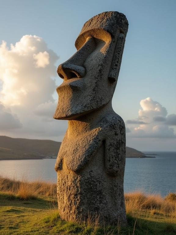 A large moai statue stands overlooking the ocean with hills in the background and a clear sky.