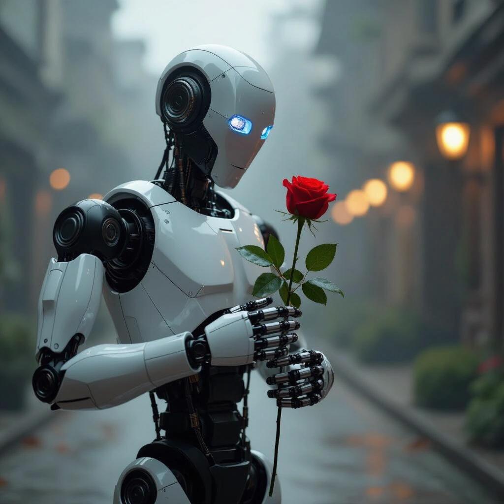 Dark scene with a robot holding a rose. The robot is humanoid with a sleek design. The background is blurred, adding to the somber mood.