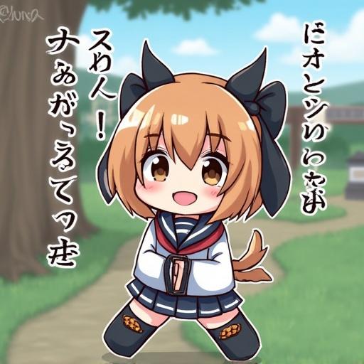 A cute anime character with brown hair, wearing a school uniform and a large bow. The background shows a soft landscape with trees and a path.