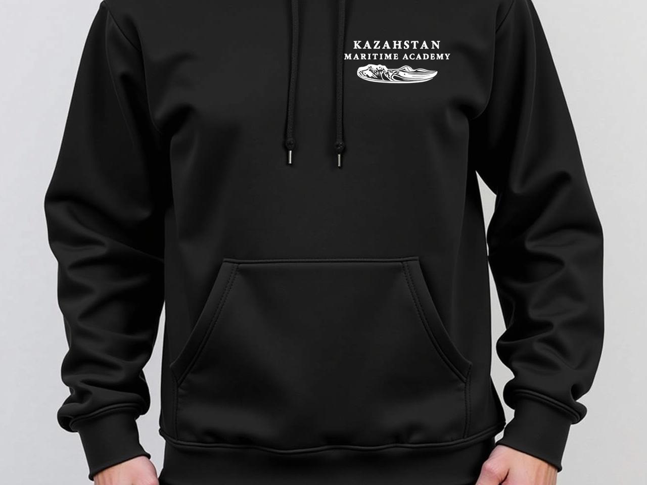 The image features a black hoodie. On the front, it has the text "Kazakhstan Maritime Academy" printed in a simple font. Below the text, there is a graphic depiction of ocean waves. The hoodie has a classic design with a large pocket at the front and a drawstring hood. The overall look is casual and suitable for everyday wear.