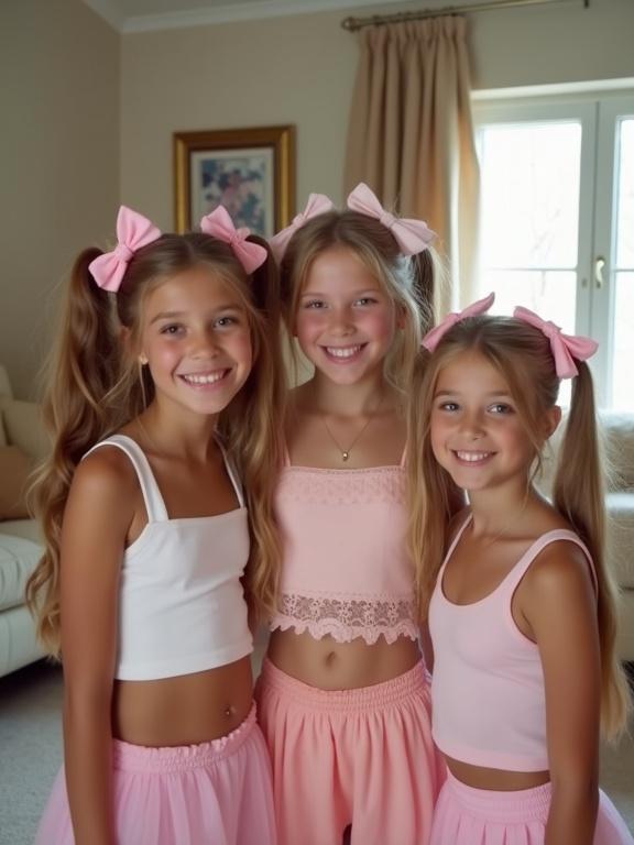 Three girls at a birthday party. They are smiling with long blonde hair styled in twin tails. Each girl wears a small crop top and pleated mini skirt, adorned with pink bows. The setting is a living room with soft natural light.