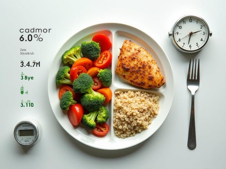 Image shows a divided plate with lean protein grilled chicken colorful vegetables broccoli tomatoes and complex carbohydrates quinoa. Adjacent kitchen timer suggests mindful eating. Nearby digital kitchen scale reinforces measuring portions. Horizontal composition shows all elements clearly.
