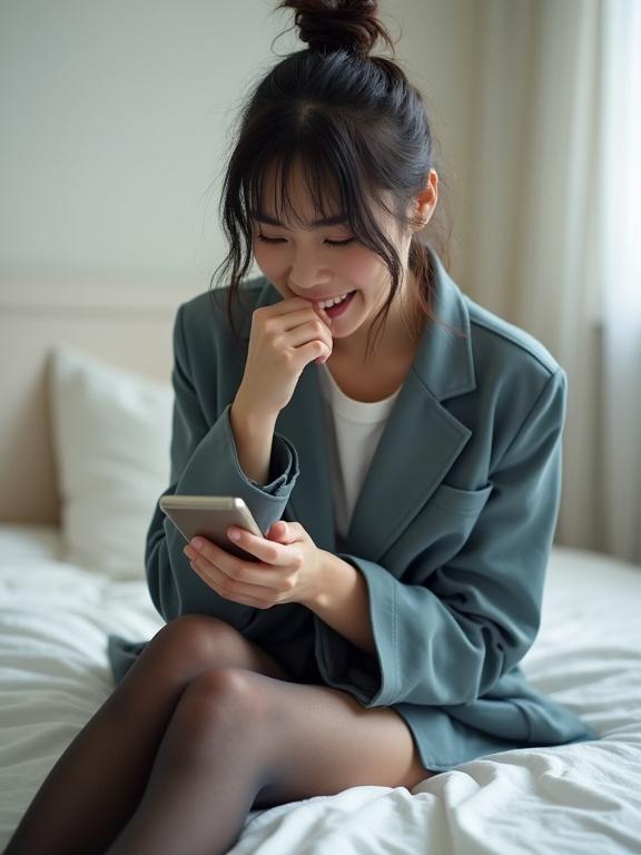 Japanese woman in her 20s on white bed. She wears a school uniform blazer. Hair is messy. Looking at phone. Left hand over mouth smiling.