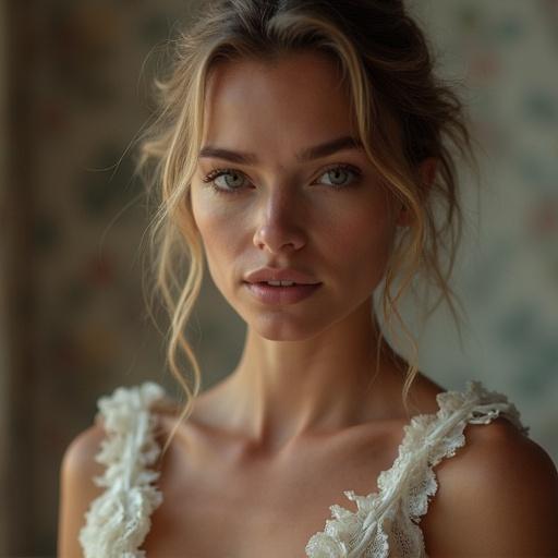 Image of a woman with natural beauty features in soft lighting. Close-up portrait showing facial expressions and skin texture. The background is neutral and emphasizes the subject's features.