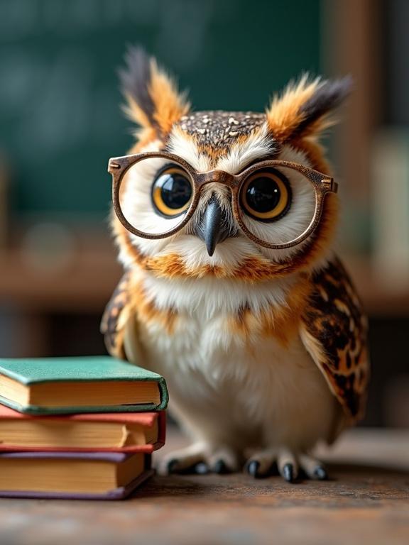 A young owl with big round eyes and soft feathers wears reading glasses. The owl is near a mini chalkboard. It sits beside a stack of colorful books, looking wise and friendly. Background resembles a blurred classroom. Lighting is natural and warm.