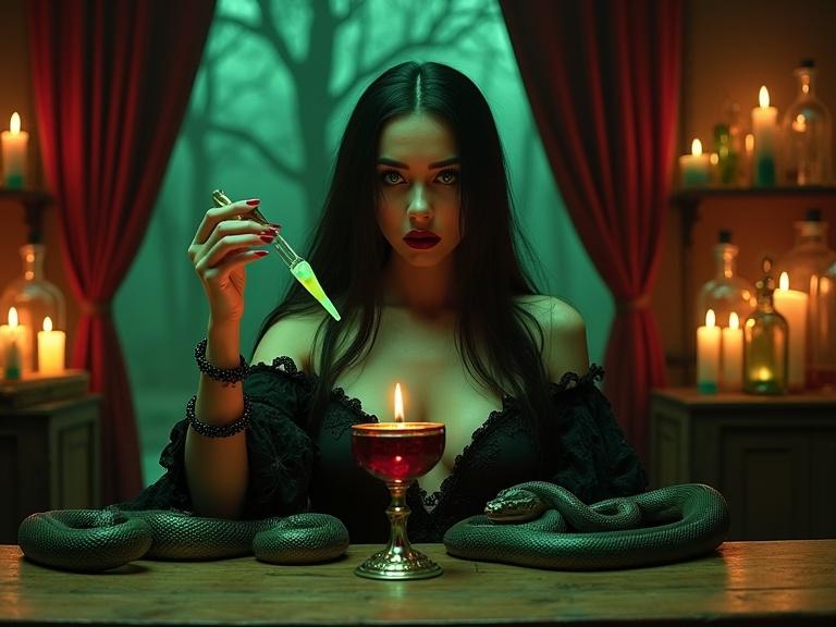 A hyper-realistic scene in a dimly lit apothecary. A mysterious woman with long dark hair and green eyes wears a low-cut black gown. She holds a dropper with glowing green liquid above a silver goblet of dark red wine. Coiled snakes rest on her shoulders. The background features twisted trees and shelves of old glass bottles. The lighting combines flickering candles and ambient glow, creating a dark, enchanting atmosphere.