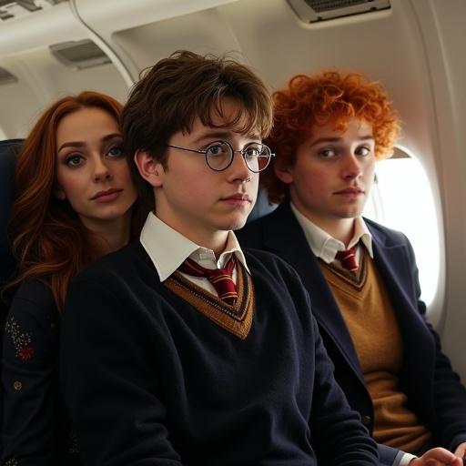 Adult versions of Harry Potter Hermione Granger and Ronald Weasley seated on a plane showcasing their expressions. Three friends together in an airplane setting.