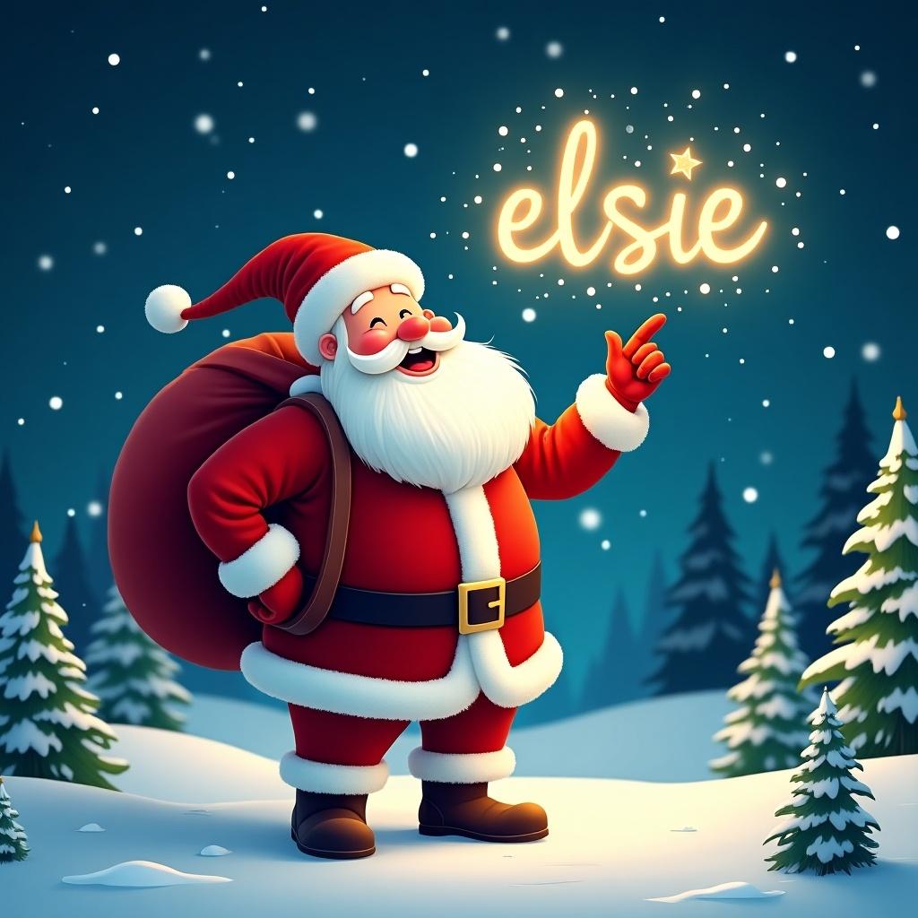 The image features a cheerful Santa Claus standing in a snowy landscape. He has a large red sack slung over his shoulder and is holding a sparkly wand. Santa is dressed in his traditional red and white outfit, complete with a belt and boots. Behind him, the night sky is illuminated with twinkling stars. Pine trees dot the snowy ground, encapsulating a festive winter atmosphere. The name 'Elsie' is prominently written in bright, glowing letters in the sky, as Santa points joyfully, creating a magical ambiance.