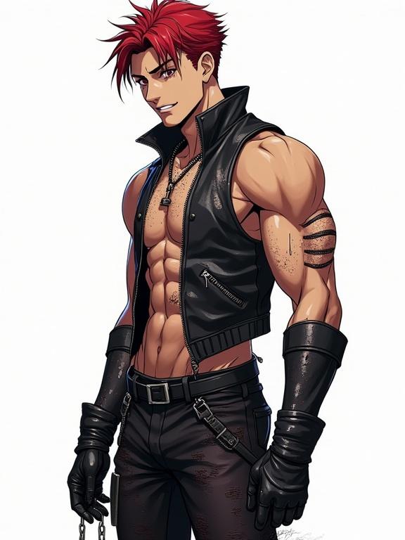 Create a full body image of an athletic anime male dressed in punk fashion. The outfit consists of gritty dirty clothing made of latex and leather. The character has a sinewy build and is grinning. The background is white to highlight the figure.