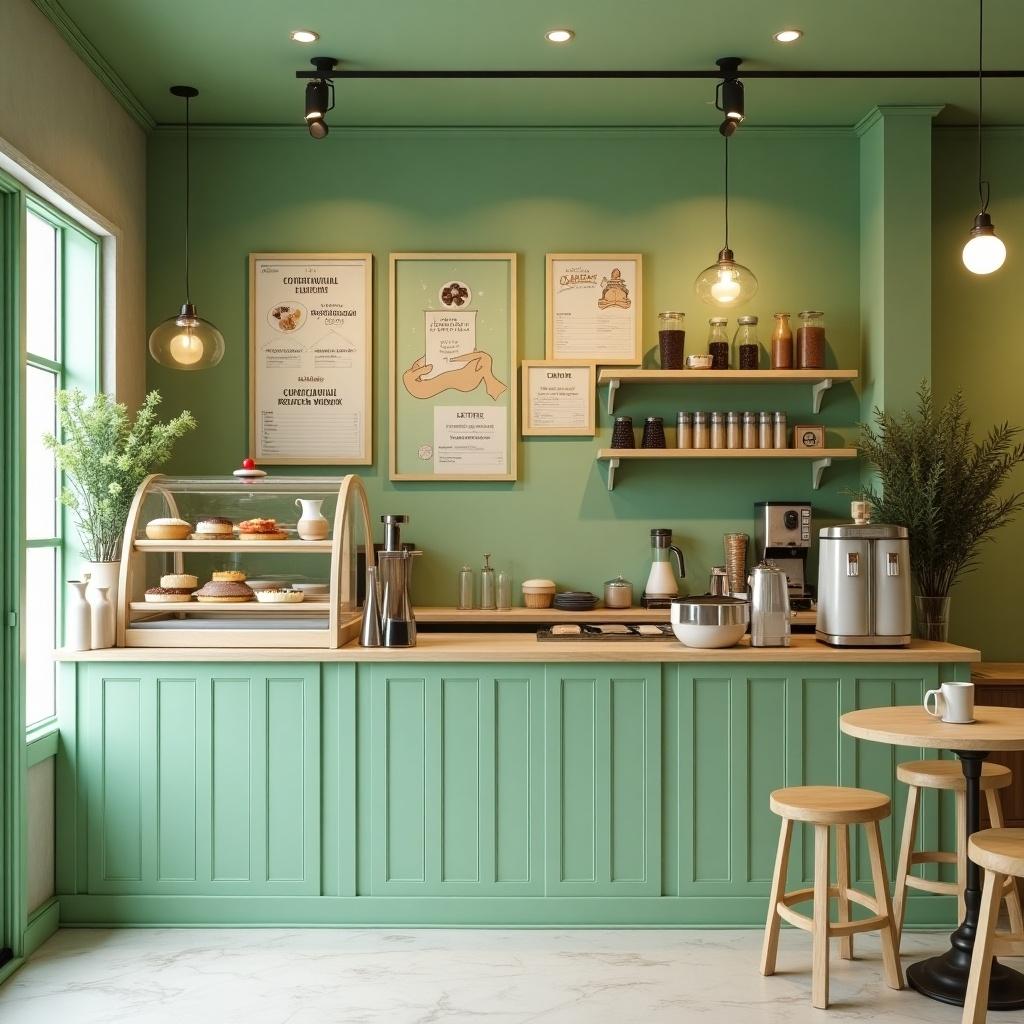 Interior design of a coffee shop designed for kids. The space features pistachio colors. Drinks and desserts are displayed attractively.