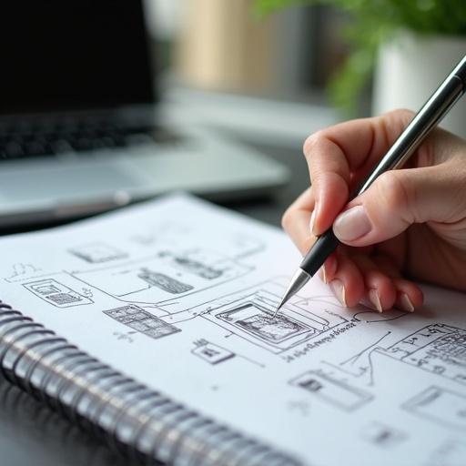 A hand is writing detailed diagrams in a spiral-bound notebook. A laptop is in the background with a plant visible. A desk setting creates a creative workspace atmosphere.