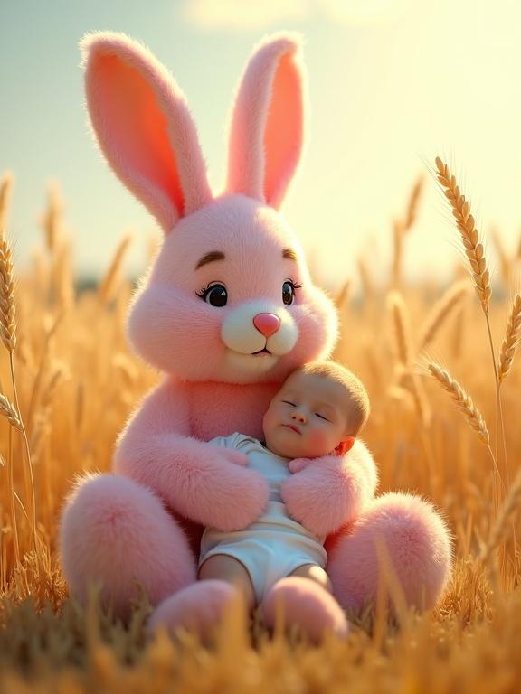 A fluffy pink rabbit is sitting in a golden wheat field. The rabbit holds a baby in its lap. The baby wears a white onesie. The child leans against the rabbit’s chest. The scene is set in bright sunlight surrounded by golden wheat.
