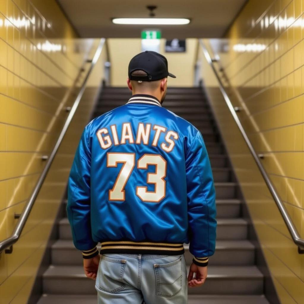 A man walks down subway stairs wearing a blue satin Giants bomber jacket. The jacket has large capital letters 'Giants' and no number. He wears a black cap and light baggy jeans. The stairs are yellow tiles, representing 1970s style.