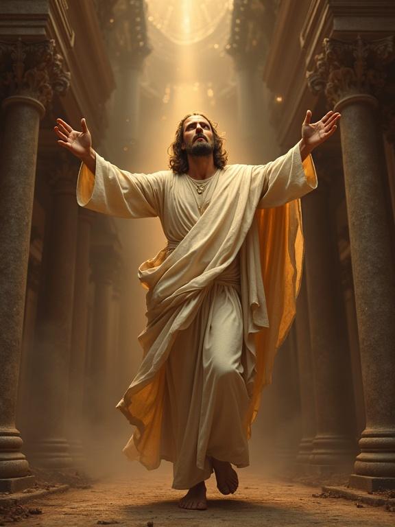 Visual representation of Jesus Christ standing with arms raised in a majestic setting. The background features ancient columns and a soft, ethereal light. The scene evokes feelings of reverence and awe. Emphasis on the serene expression and flowing robes. Splendid ambiance of spirituality is captured.