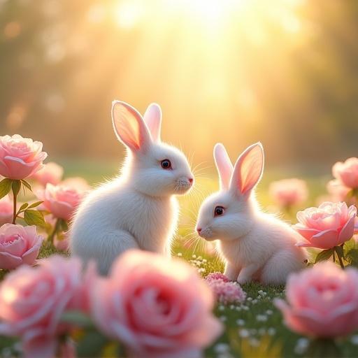 Pastel floral rose garden. Sunlight shines over two cute white bunnies. Surrounded by pink roses. Soft and warm atmosphere.