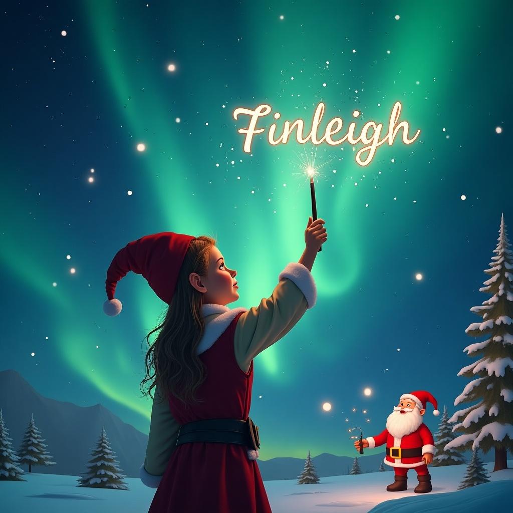 Elf character with back facing the viewer. Using a wand to write names in the magical sky. Background of northern lights with Santa in the scene. Writing names 'Finleigh' and 'Gryffin' in the air.