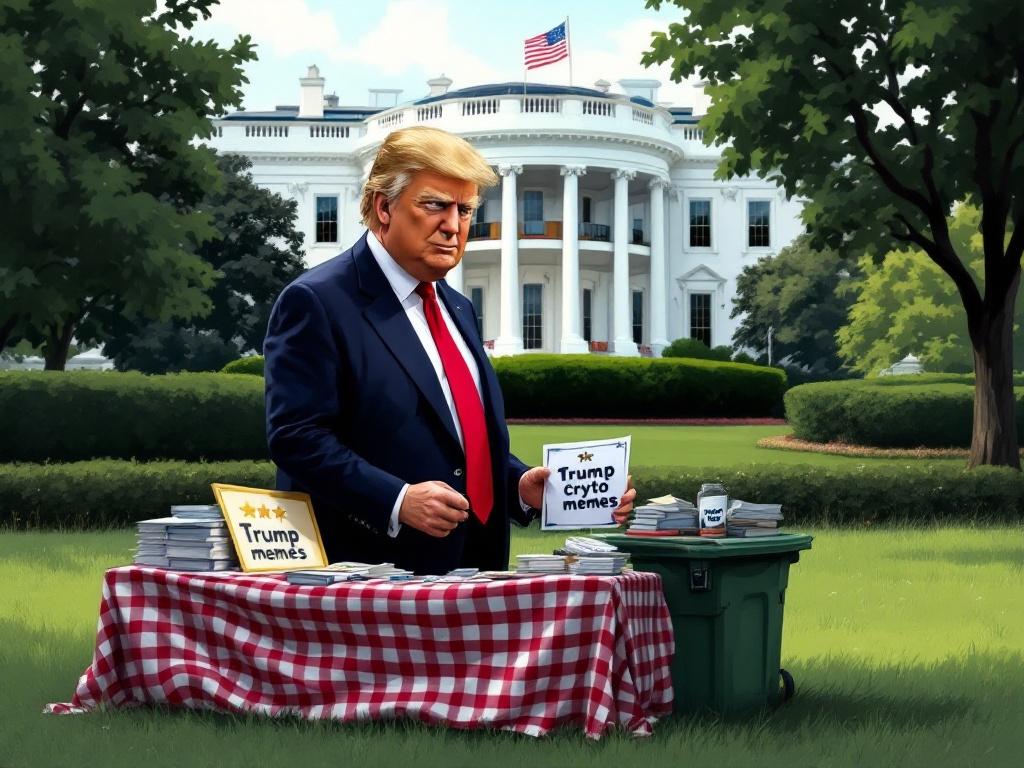 Cartoon depicts Donald Trump selling Trump crypto memes on the White House lawn. Features a checkered table, with stacks of meme books and a green trash bin. Background shows the iconic White House.